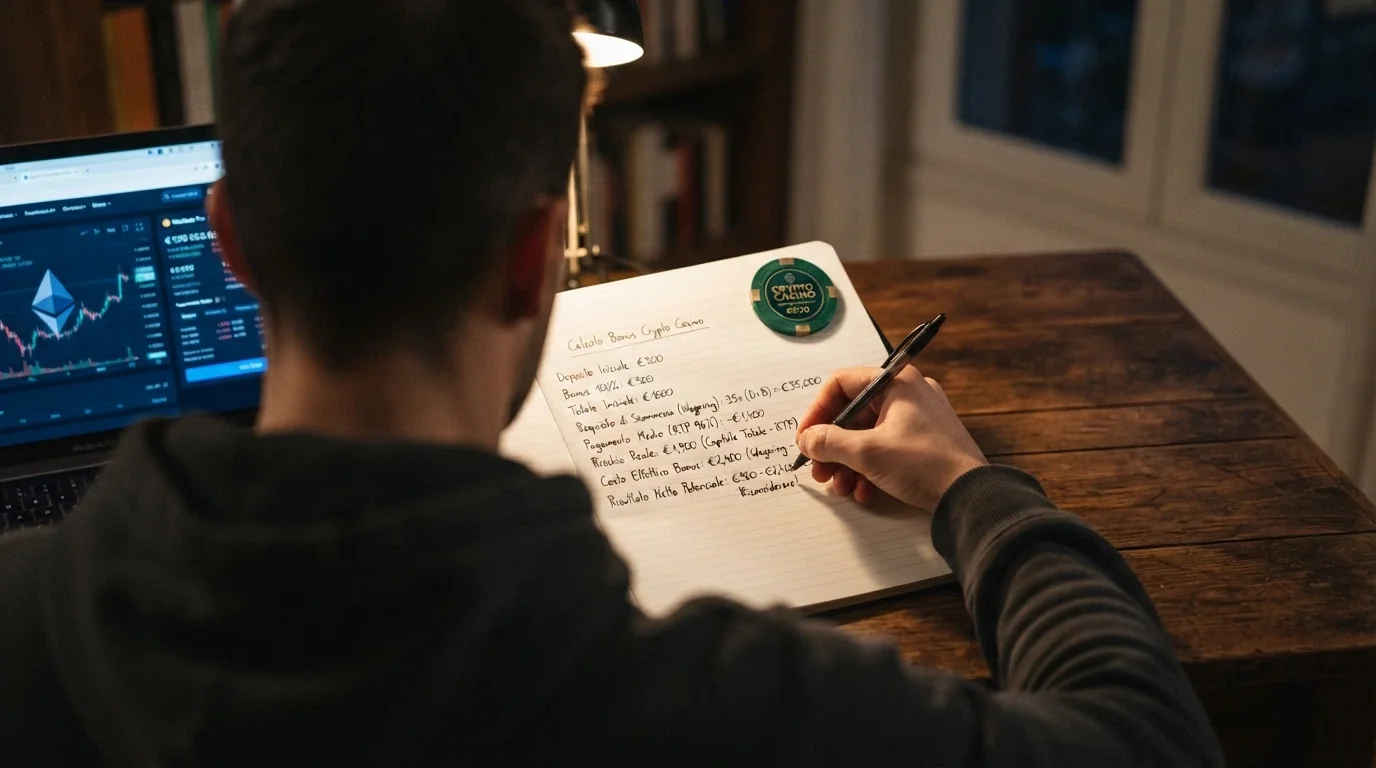 Una calcolatrice accanto a un blocco note con cifre e percentuali, con il logo di Ethereum sullo sfondo