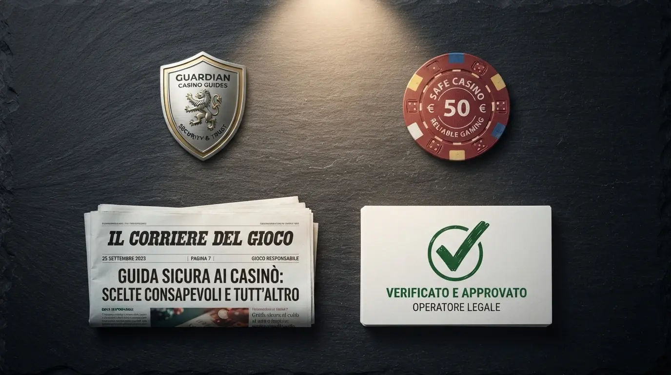 Una vista d'insieme stilizzata con i quattro pilastri della guida: licenza ADM, catalogo BTG, confronto bonus e gioco responsabile