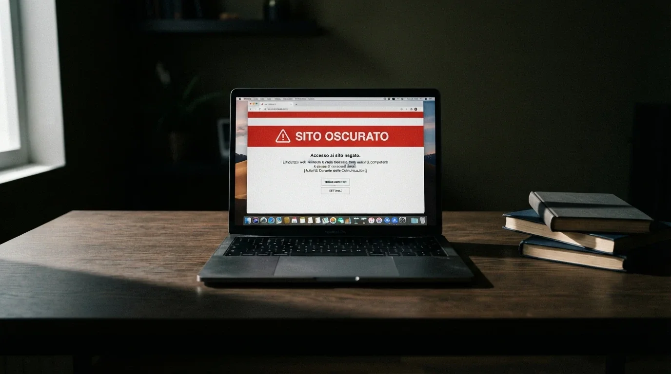 Un documento ufficiale con l'intestazione della Gazzetta Ufficiale italiana e un estratto dell'articolo 4 della Legge 401/1989 evidenziato in giallo, accanto allo schermo di un computer con un sito di casinò bloccato (messaggio di sito oscurato)