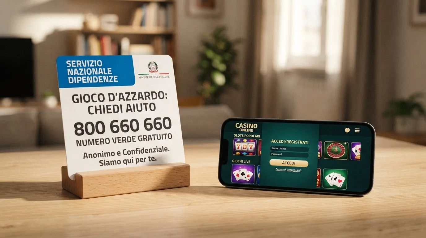 Il numero verde 800 55 88 22 su un cartellino bianco e blu in stile servizio pubblico, accanto allo schermo di un casinò online senza la spunta «collegato al RUA»