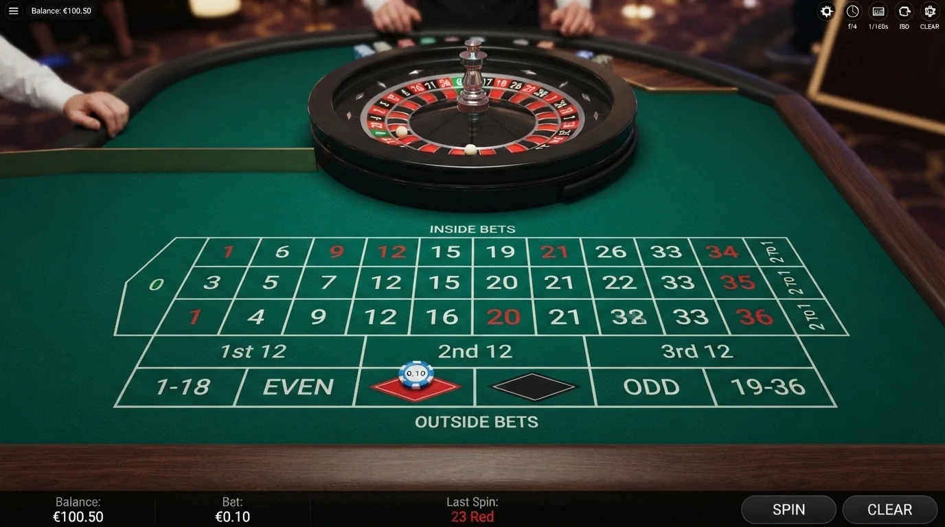 Un tavolo di roulette virtuale in primo piano con il dettaglio della puntata minima impostata a 0,10€ e le fiches digitali disposte sul panno verde