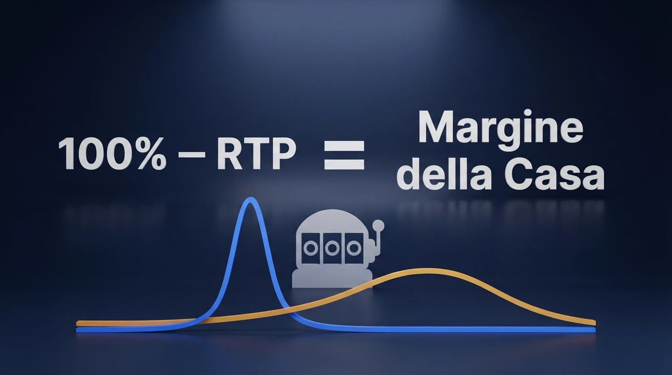 Schema visivo con la formula 100% − RTP = margine della casa, affiancato da un grafico della volatilità (curva con picchi radi vs curva con picchi frequenti) e una slot machine stilizzata al centro