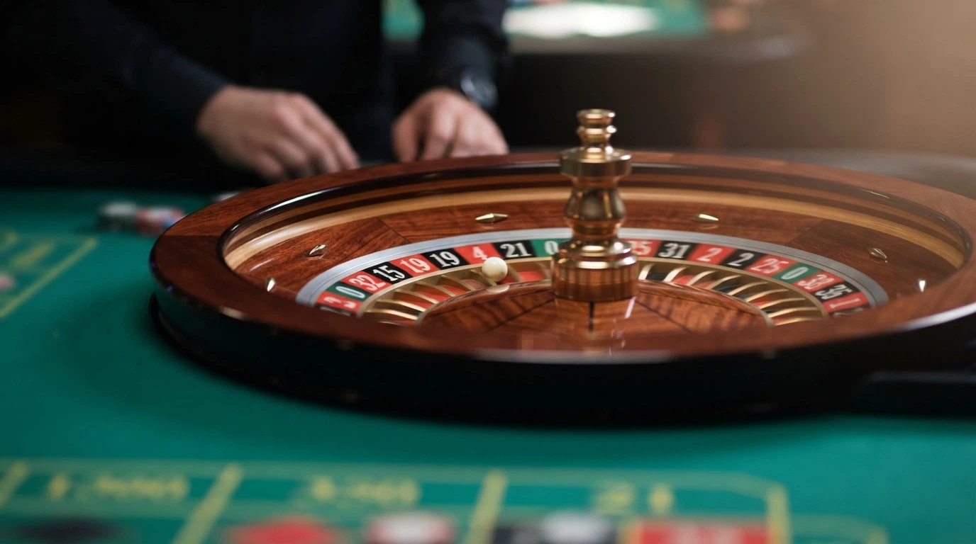 Primo piano di una ruota della roulette live in rotazione con la pallina, croupier sullo sfondo, illuminazione da studio professionale