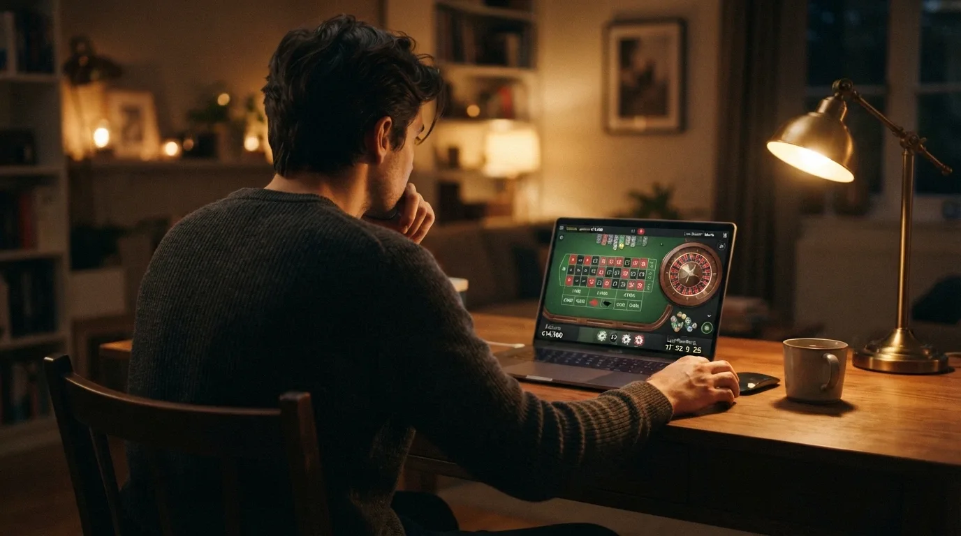 Un giocatore seduto al tavolo di un casinò guarda lo schermo del proprio portatile che mostra un tavolo live, con un'espressione serena e riflessiva