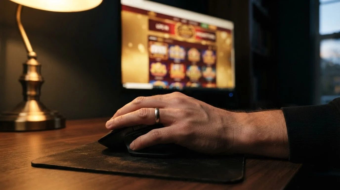Una mano posata sul mouse, lo schermo mostra in modo sfocato la homepage di un casinò online legale