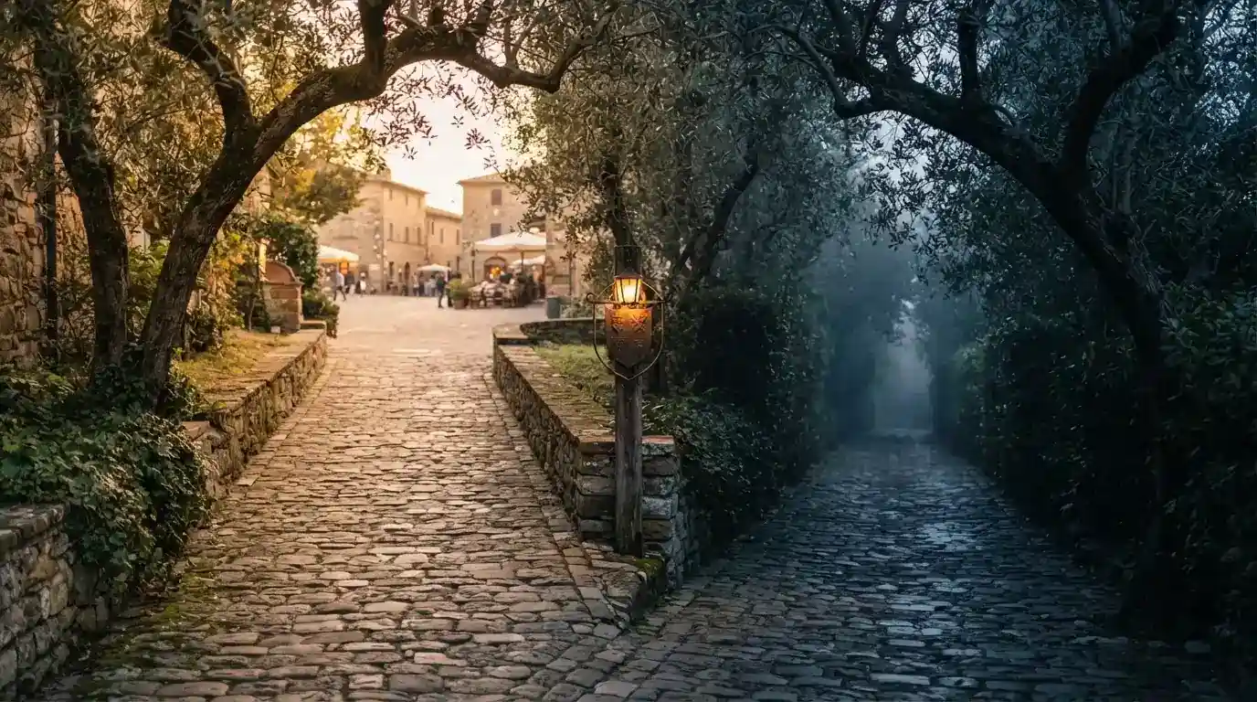 Una strada che si biforca: a sinistra il simbolo ADM con un percorso illuminato, a destra un sentiero in ombra con il simbolo «non AAMS»