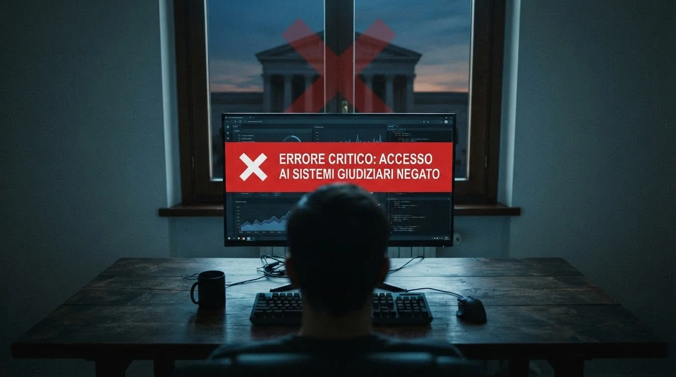 Un giocatore di spalle davanti a uno schermo con un messaggio di errore, sullo sfondo la sagoma di un tribunale con una X rossa