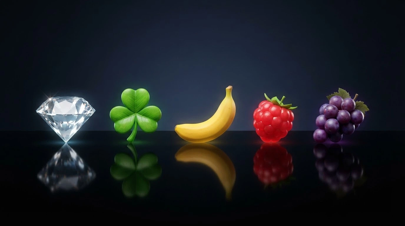 I cinque simboli della macchina Bonus Crab allineati: diamante, trifoglio, banana, fragola e uva, ciascuno con il proprio colore e l'icona del premio corrispondente.