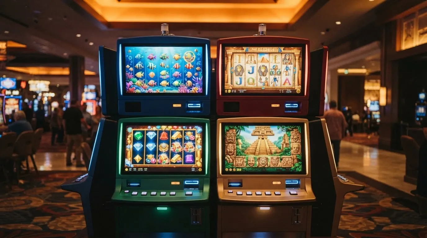 Una griglia di quattro slot machine con i loro nomi in evidenza: Big Bass Bonanza, Book of Dead, Starburst, Gonzo's Quest