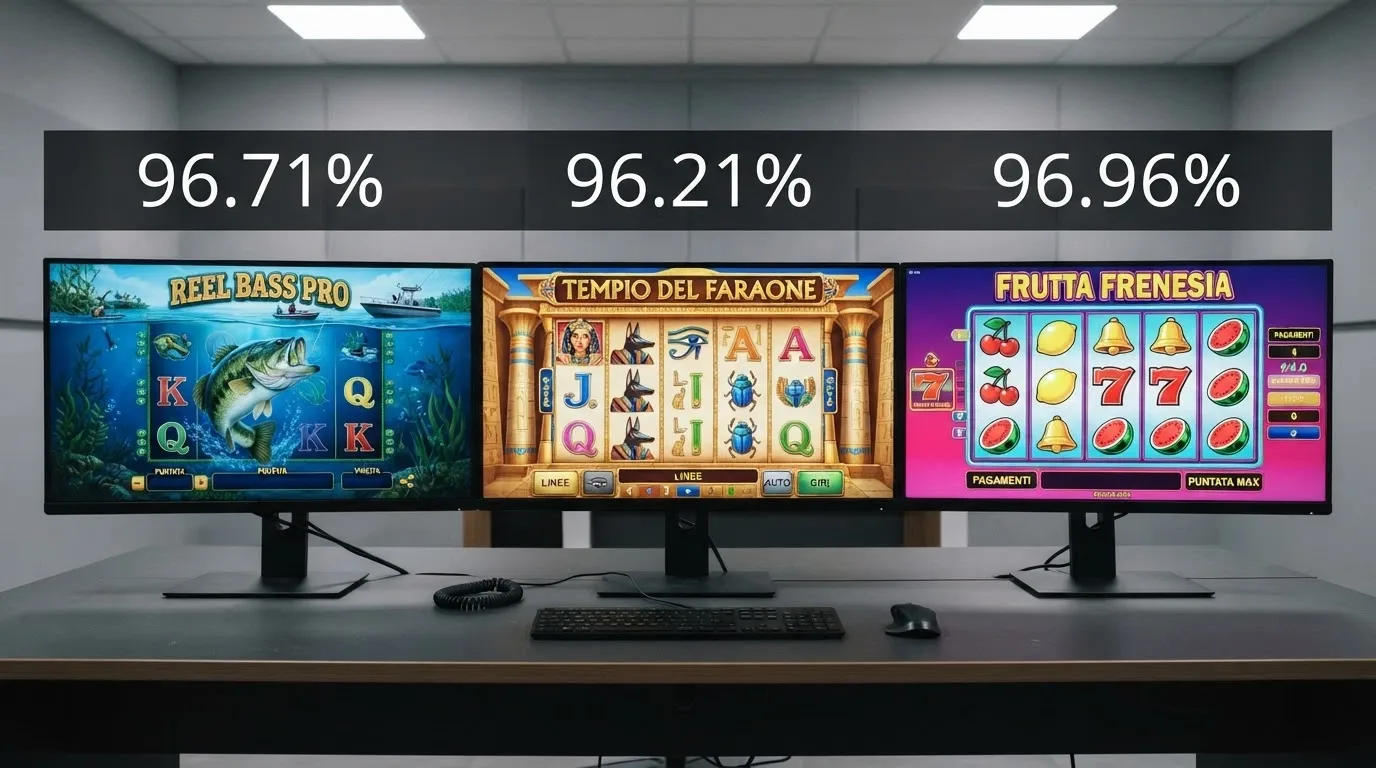 Tre slot machine affiancate con interfacce diverse (una a tema pesca, una egizia, una colorata stile retrò) e ciascuna con il proprio RTP in sovrimpressione