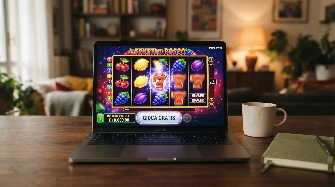 Schermata di una slot machine in modalità demo con rulli in movimento, contatore del credito virtuale e pulsante «Gioca gratis»