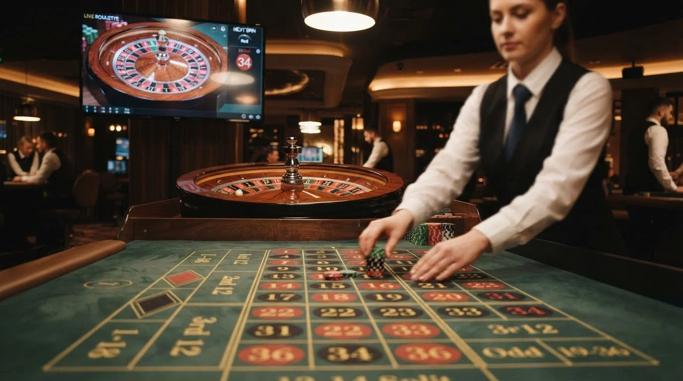 Una schermata di gioco dal vivo con un tavolo di roulette e un croupier in primo piano, con l'interfaccia di scommessa visibile sullo schermo