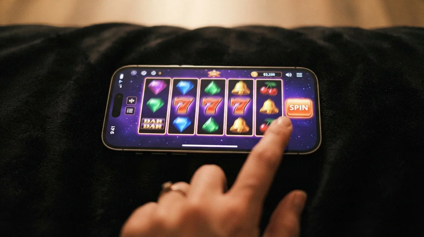 iPhone in orizzontale con i rulli di una slot machine colorata in esecuzione, dita che sfiorano lo schermo per far girare i rulli