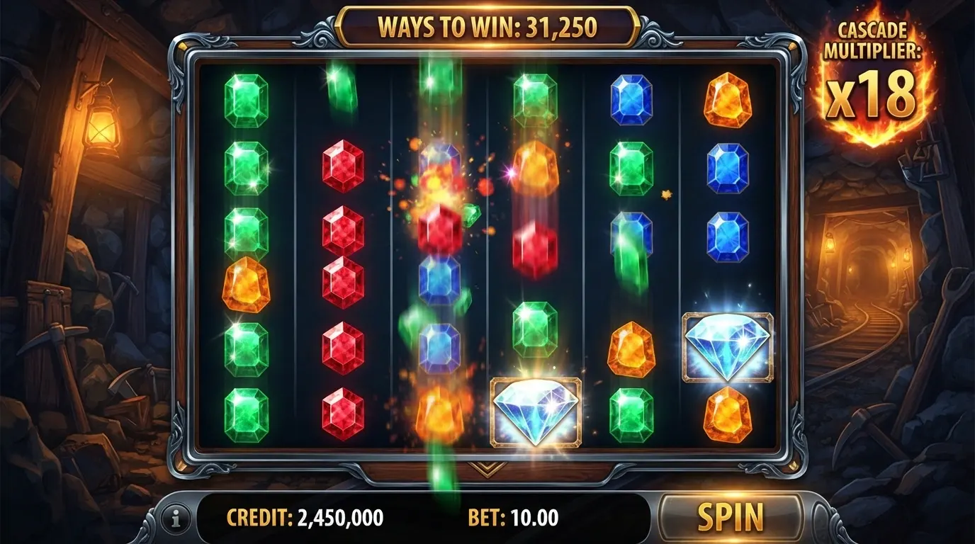 Una schermata di gioco della slot Bonanza Megaways con i rulli attivi, il moltiplicatore a cascata visibile e il contatore delle ways in evidenza