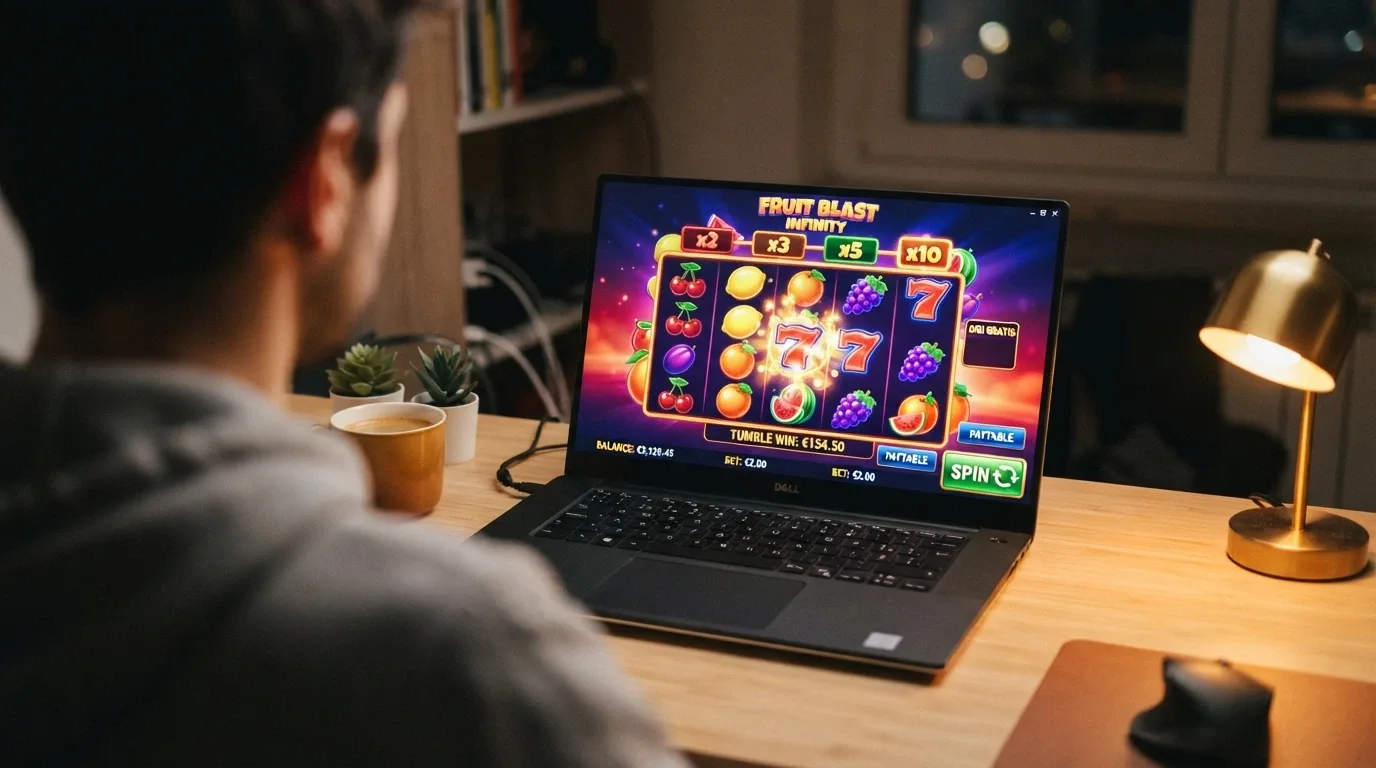 Schermata del gioco Sweet Bonanza di Pragmatic Play con rulli colorati, simboli di frutta e moltiplicatori in evidenza