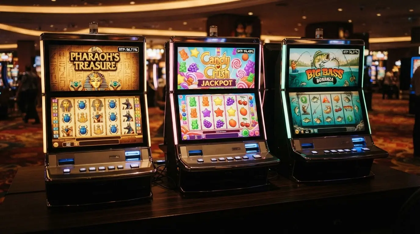 Tre schermate affiancate di slot con simboli di Book of Dead, Sweet Bonanza e Big Bass Bonanza e i rispettivi RTP in sovrimpressione