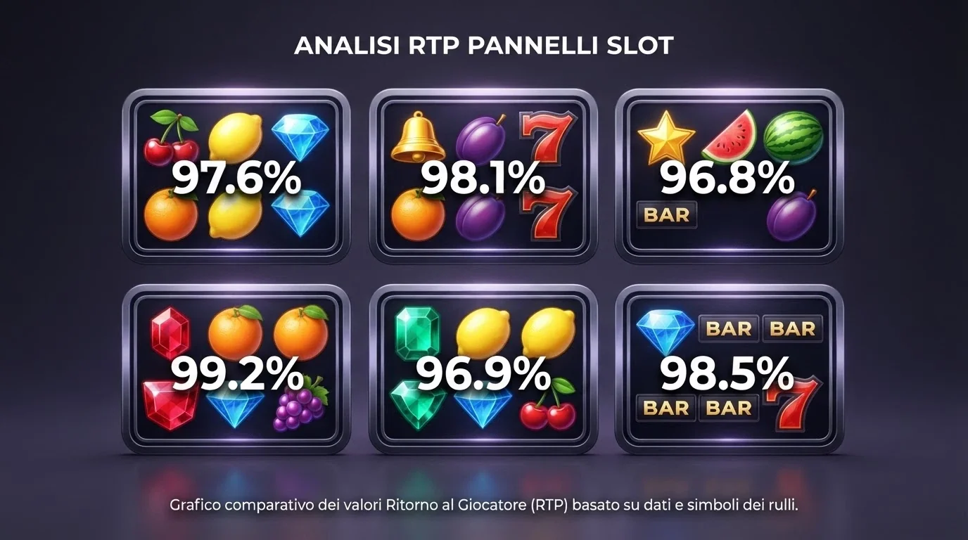 Una griglia colorata di simboli di slot machine con percentuali RTP sovraimpresse, in stile infografica