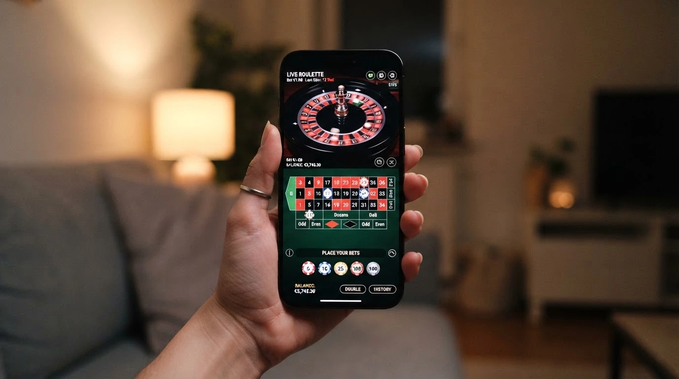 Smartphone in mano con interfaccia di un tavolo live in orientamento verticale, chip di puntata e pulsanti di gioco sullo schermo