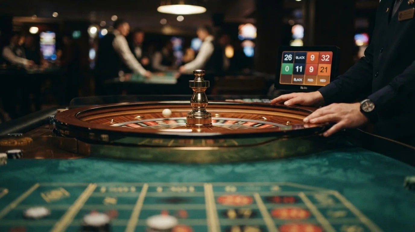 Primo piano di un tavolo da roulette dal vivo con la pallina in corsa, l'inquadratura mostra il panno verde, i numeri e il monitor dei risultati accanto al croupier