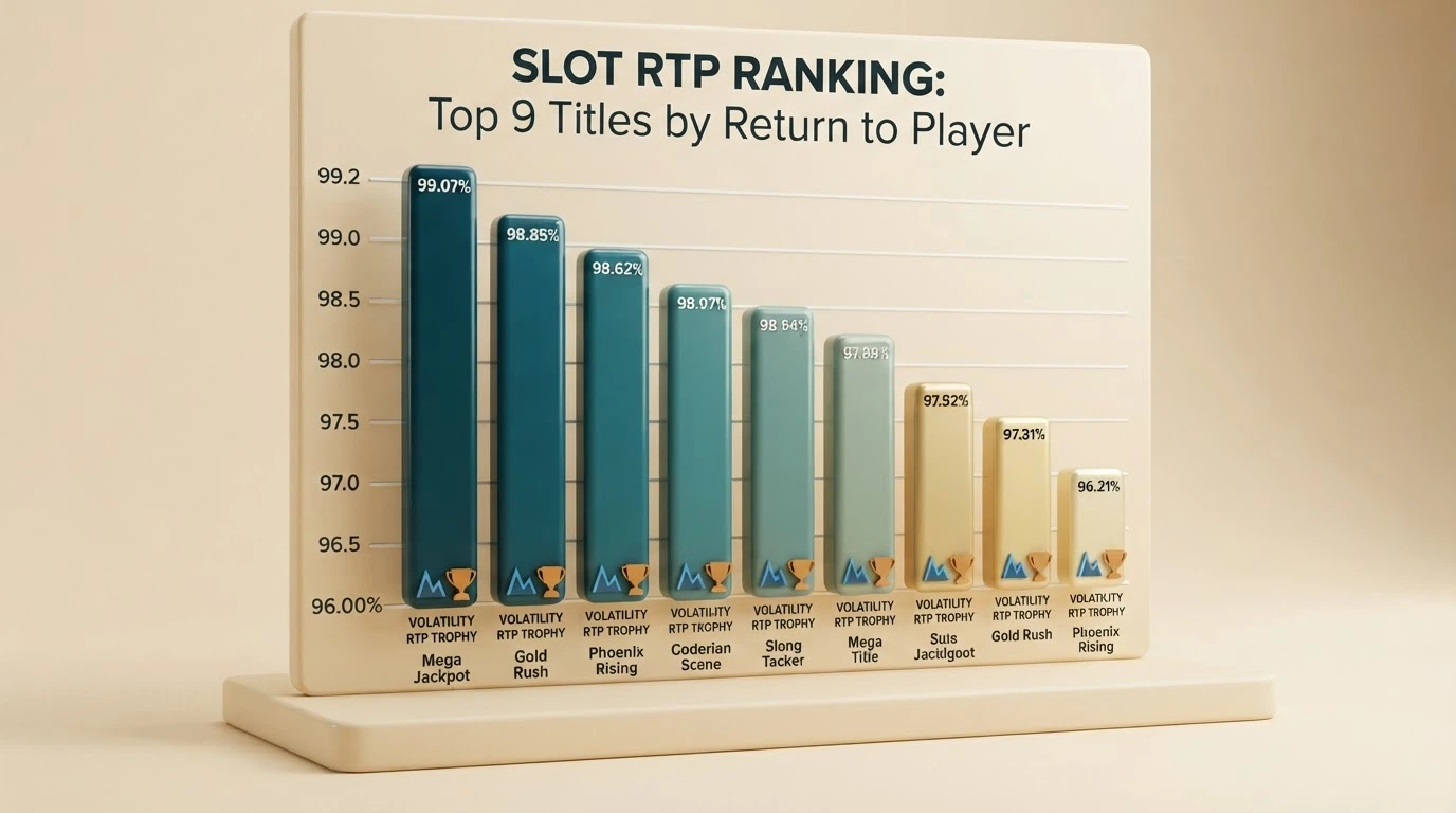 Tabella comparativa con slot machine in colonna, affiancate da icone che rappresentano RTP, volatilità (grafico a barre) e vincita massima (trofeo)