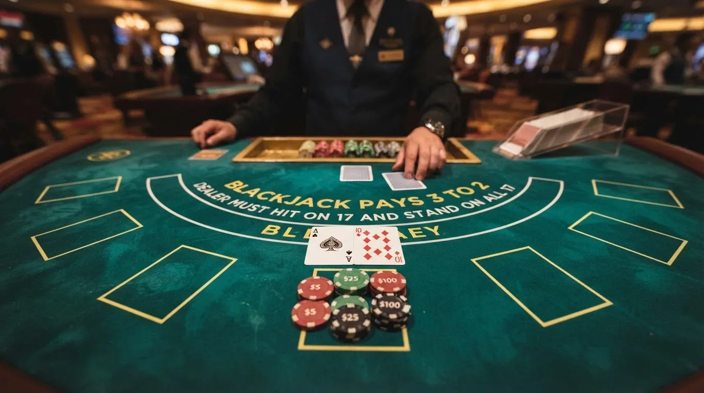 Mano di blackjack live con carte distribuite sul tavolo verde, fiches impilate a bordo tavolo e croupier inquadrato