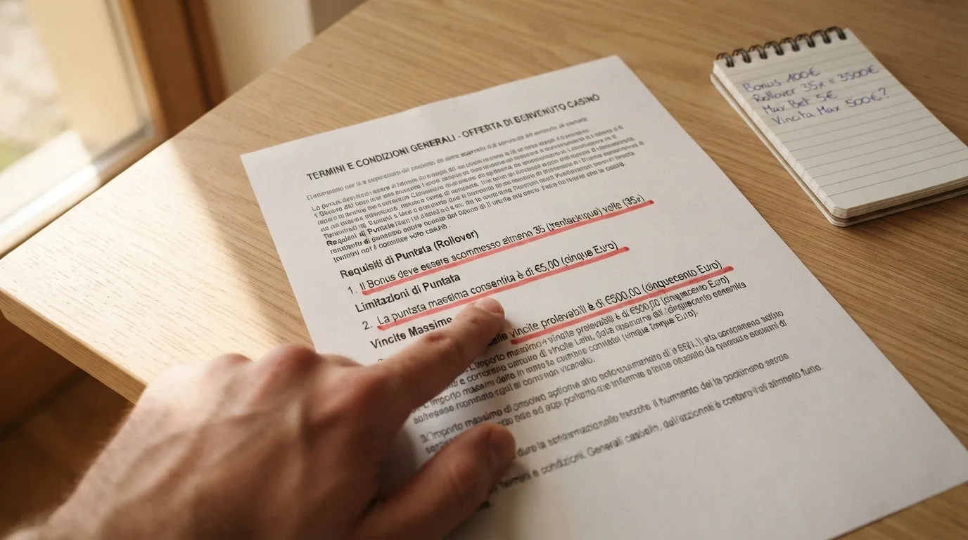 Un primo piano di un foglio con i termini e condizioni di un bonus, con le voci «rollover», «puntata massima» e «cap vincita» sottolineate
