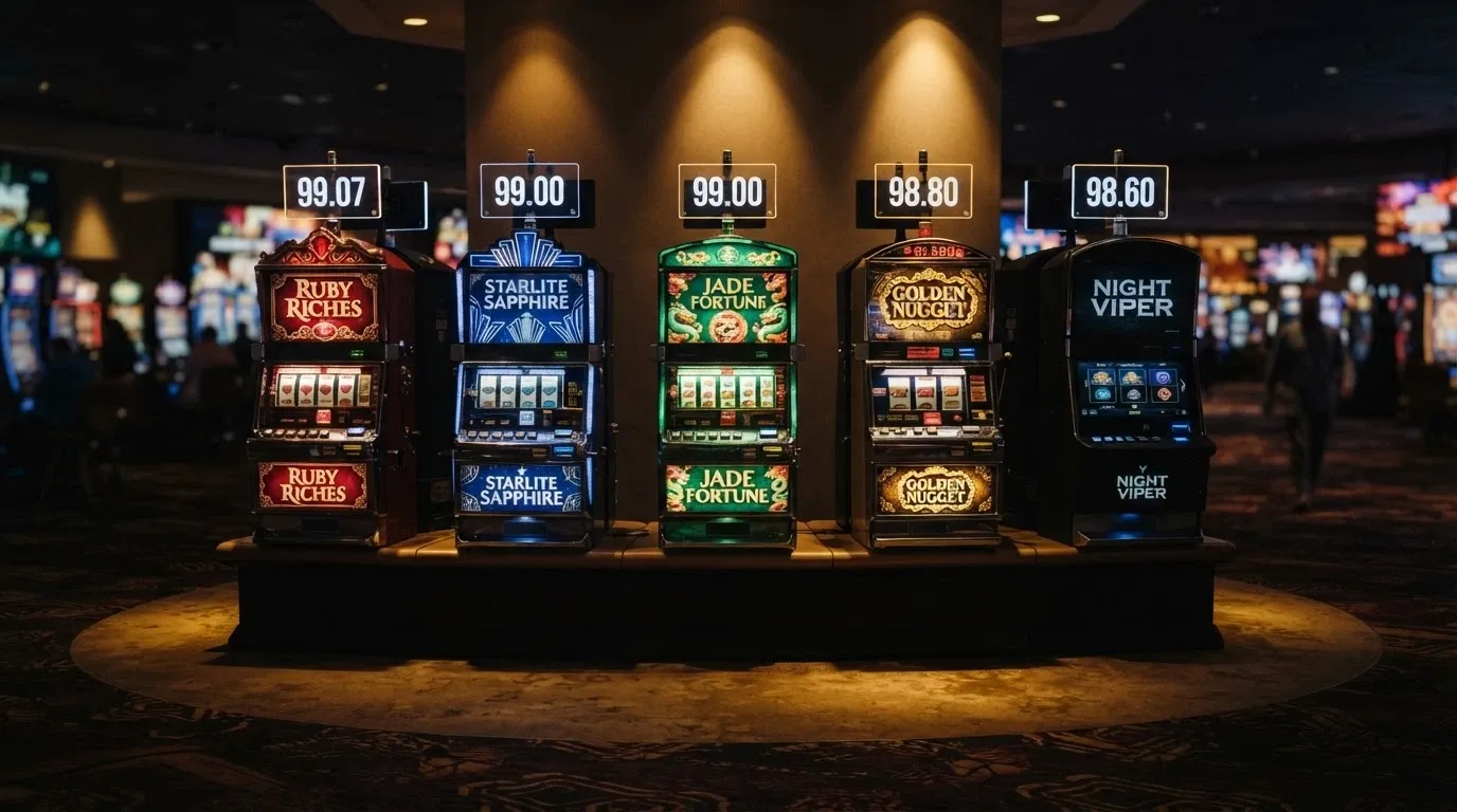 Una selezione di cinque slot machine disposte in ordine decrescente con le loro percentuali RTP in evidenza sopra ogni titolo, su sfondo da casinò