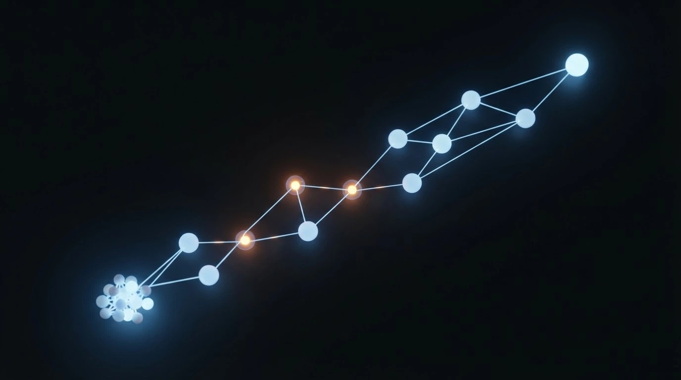 Un diagramma semplificato del flusso di una transazione Dogecoin da un wallet personale a un casinò online, con i nodi della blockchain rappresentati come punti luminosi connessi