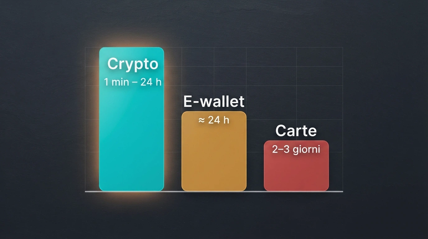 Schema comparativo con i tempi di accredito per criptovalute, e-wallet e carte di credito