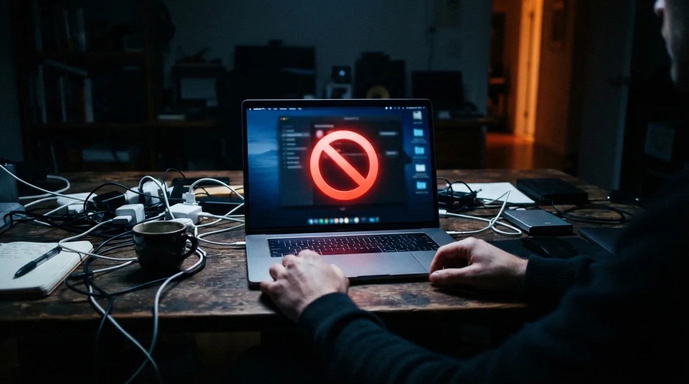 Un computer con uno scudo rosso barrato e la scritta «Non verificato — Nessuna certificazione RNG» accanto all'elenco della blacklist ADM