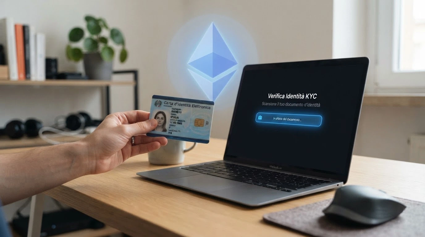 Una mano che porge un documento di identità verso uno schermo, con il simbolo di Ethereum in trasparenza sullo sfondo