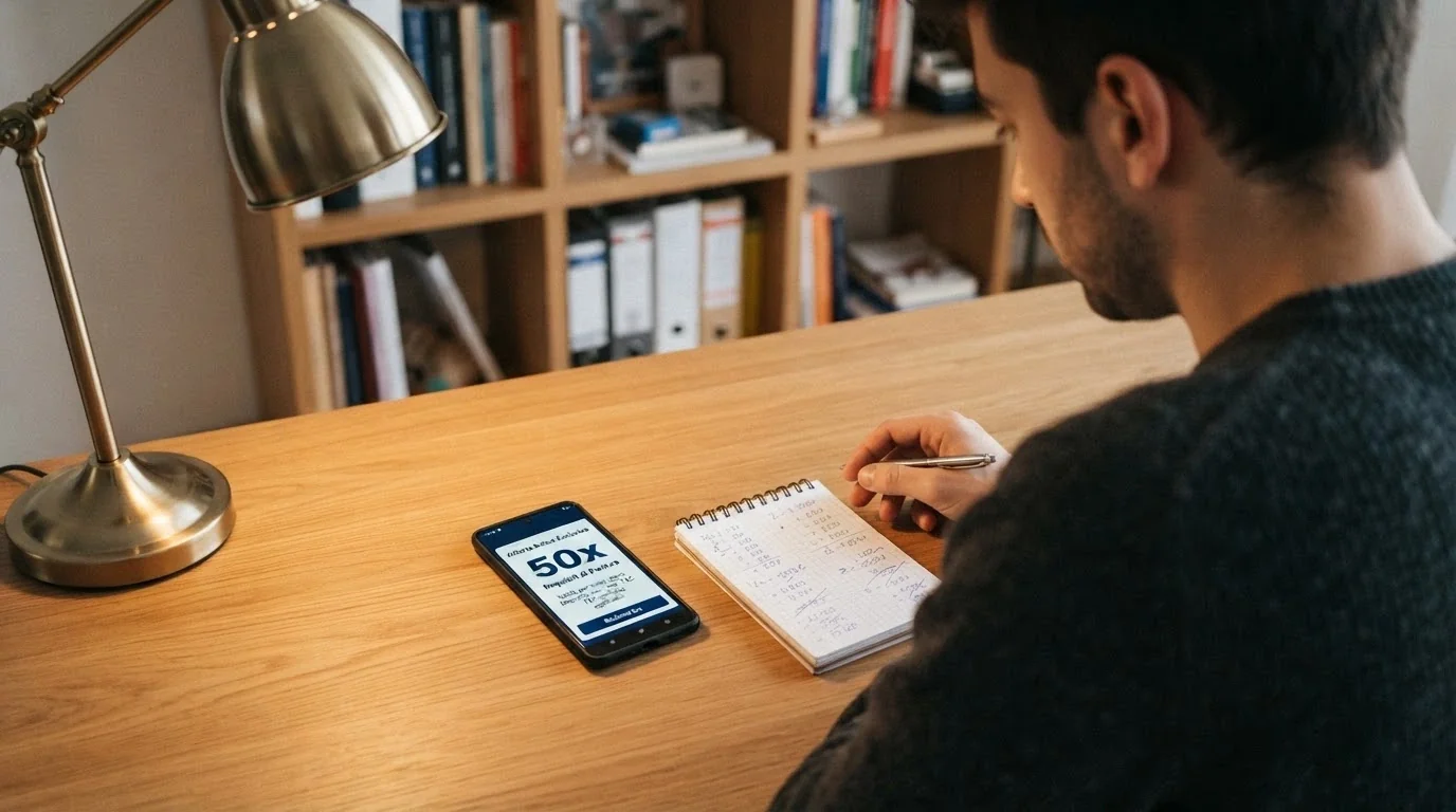 Calcolatrice affiancata a un telefono Android che mostra la schermata dei termini di un bonus di benvenuto con il moltiplicatore di wagering evidenziato
