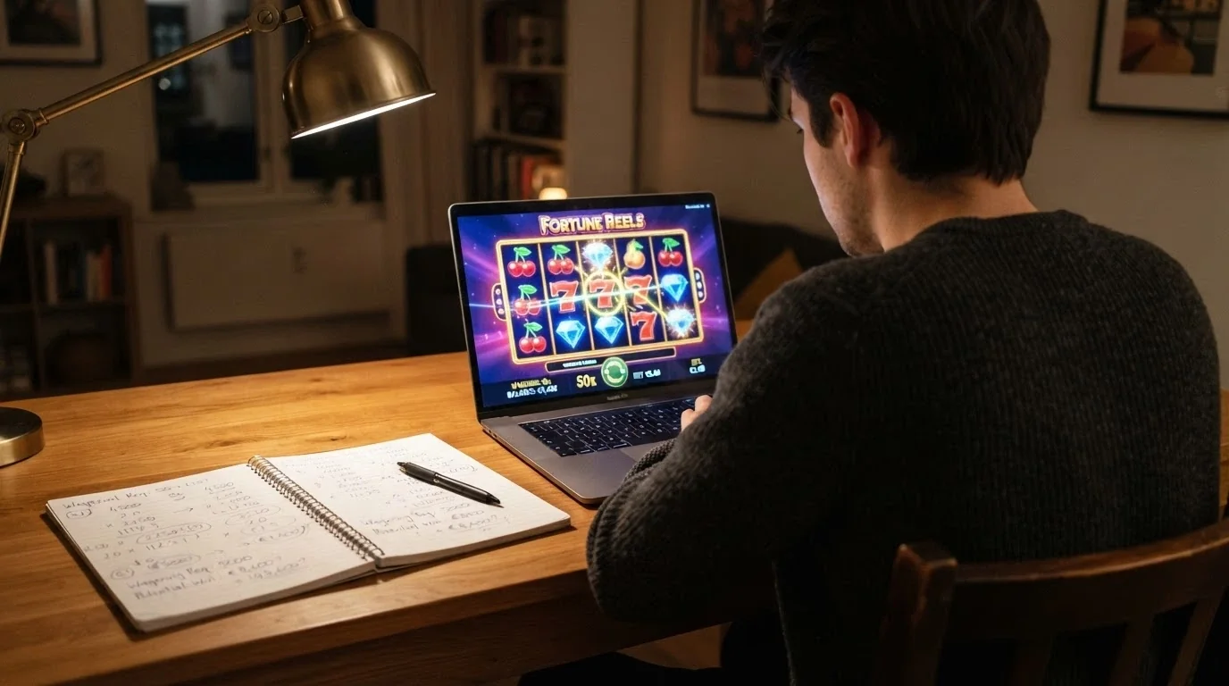Un giocatore davanti allo schermo del computer con una calcolatrice a fianco e una slot aperta, mentre confronta i termini del bonus